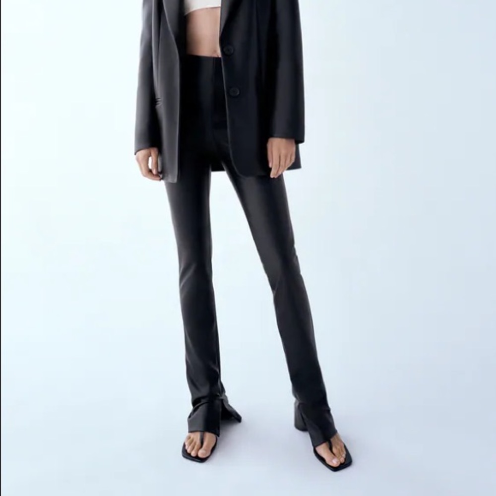 Extra long faux leather black leggings